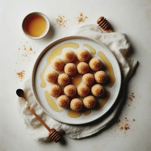 Leckere Tahini-Honig-Puffs mit Zimtbirnen, knusprig und aromatisch, eine reichhaltige, vegane Dessert-Option.